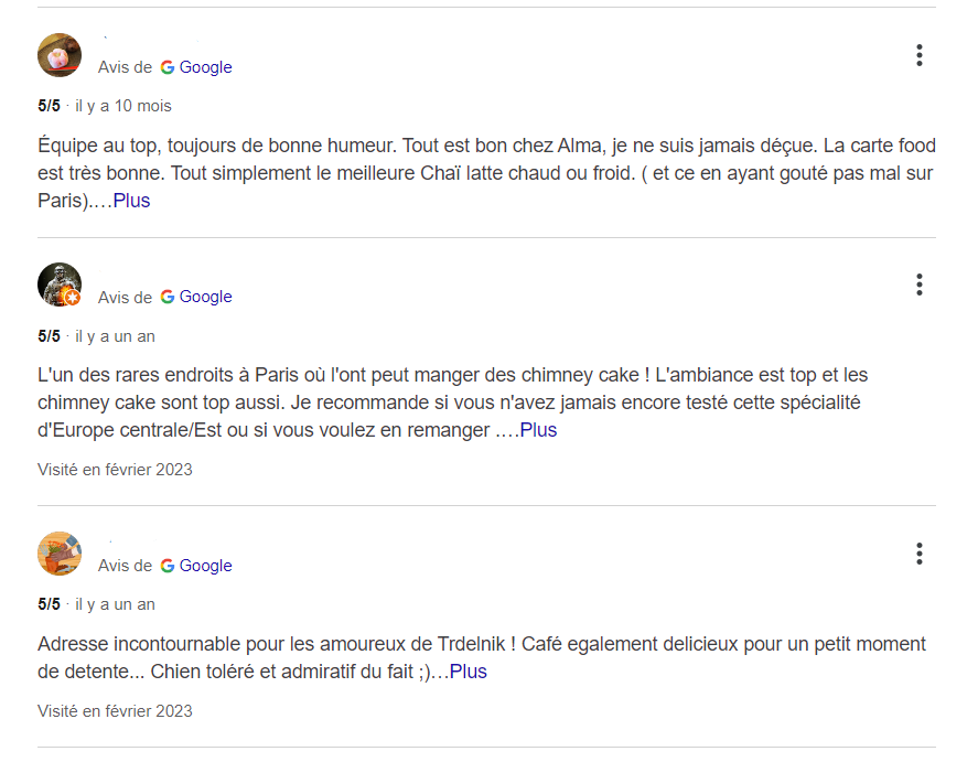 Exemples d'avis sur une fiche établissement Google